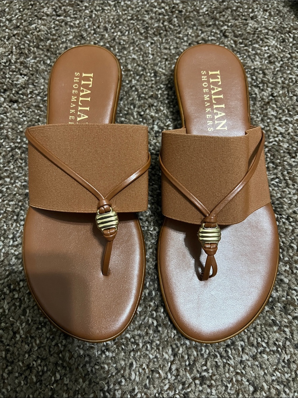 Italian Shoemakers Tan Slide Sandals with Gold Bead Accent